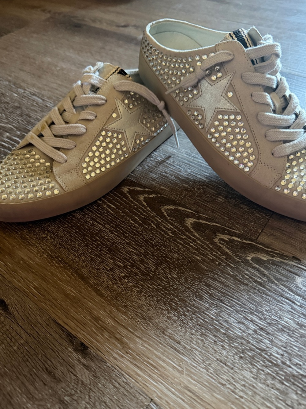 ShuShop Taupe Crystal-Stud Star Lace-Up Sneakers